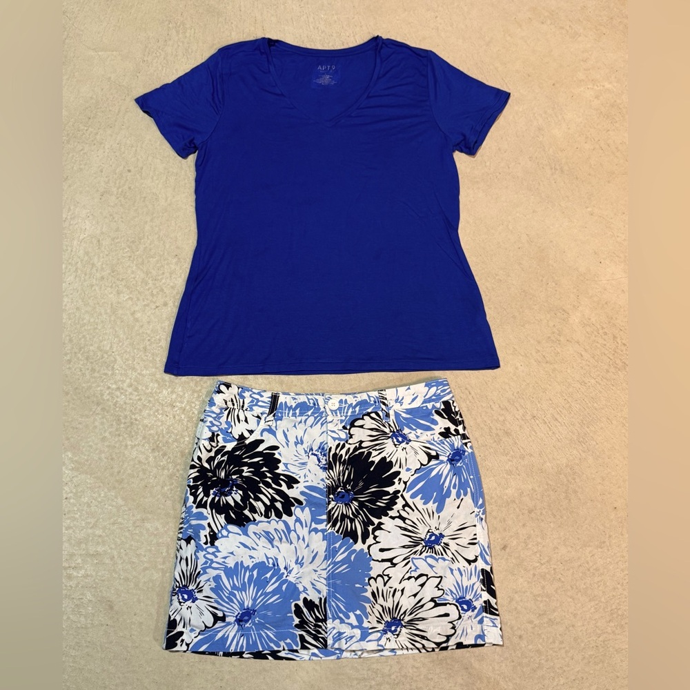 St John’s Bay Apt. 9 Blue White Skort Skirt Set Shirt Size 10 Large L AB 690